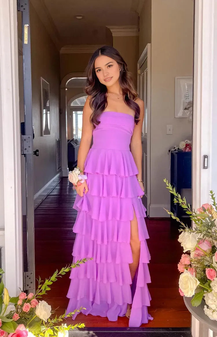 Elegant Lavender Prom Dress Strapless Tiered Ruffle Maxi Skirt Side Slit for a Sophisticated Glam Appeal