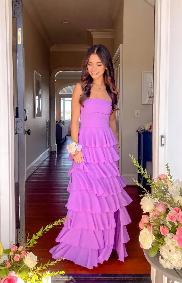 Elegant Lavender Prom Dress Strapless Tiered Ruffle Maxi Skirt Side Slit for a Sophisticated Glam Appeal