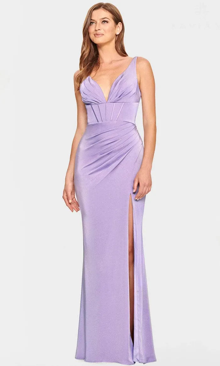 Elegant Lavender Satin Evening Dress with Deep V - Neckline Ruched Bodice and High Side Slit for Formal Occasions