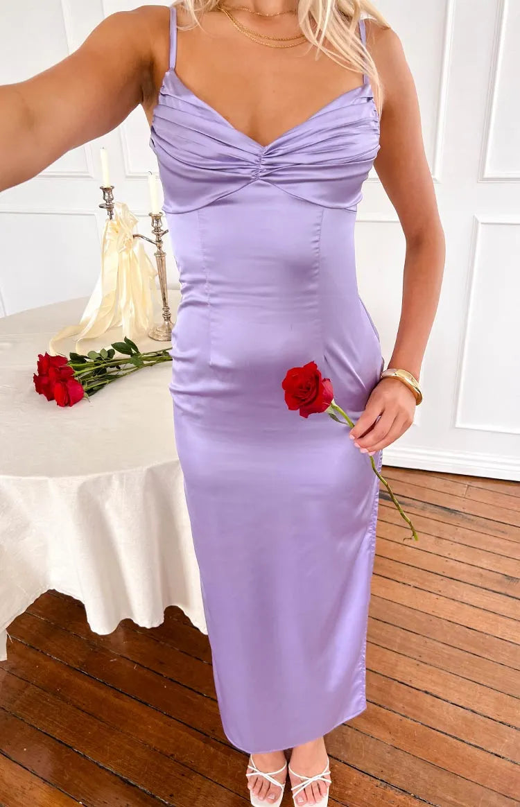 Elegant Lavender Satin Prom Dress with Ruched Bodice and Spaghetti Straps for Formal Galas