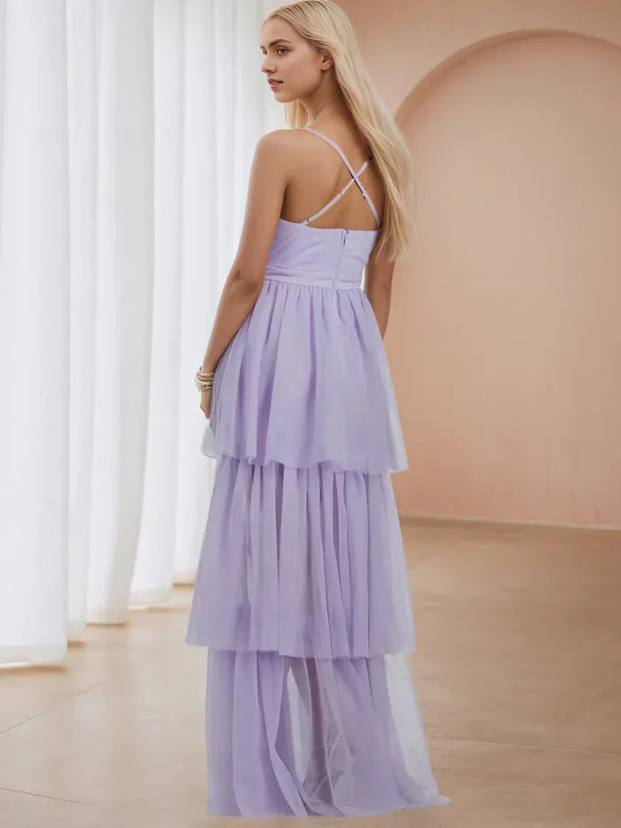 Elegant Lavender Tulle Prom Dresses Spaghetti Straps Tiered High Low Skirt  Understated Freshness for Minimalist Events