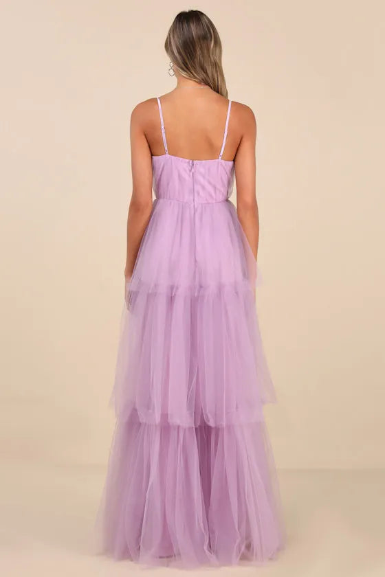 Elegant Lavender Tulle Prom Dress with Spaghetti Straps Sweetheart Bodice and Tiered Ruffle Skirt for Formal Occsasion