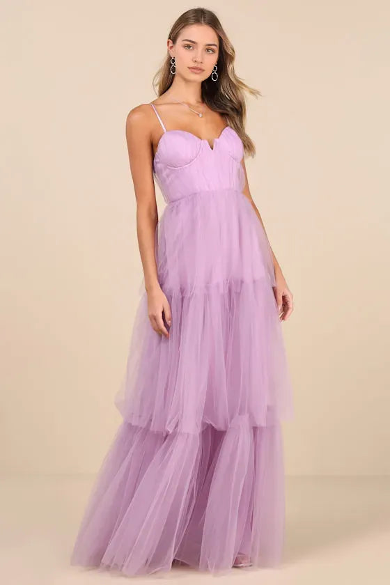 Elegant Lavender Tulle Prom Dress with Spaghetti Straps Sweetheart Bodice and Tiered Ruffle Skirt for Formal Occsasion