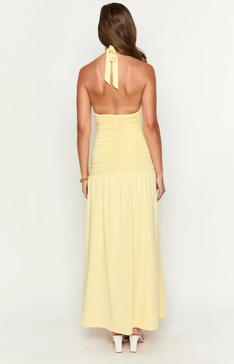 Elegant Lemon Yellow Halter - Neck Prom Dress with Ruched Bodice and Flowy Skirt for Formal Galas