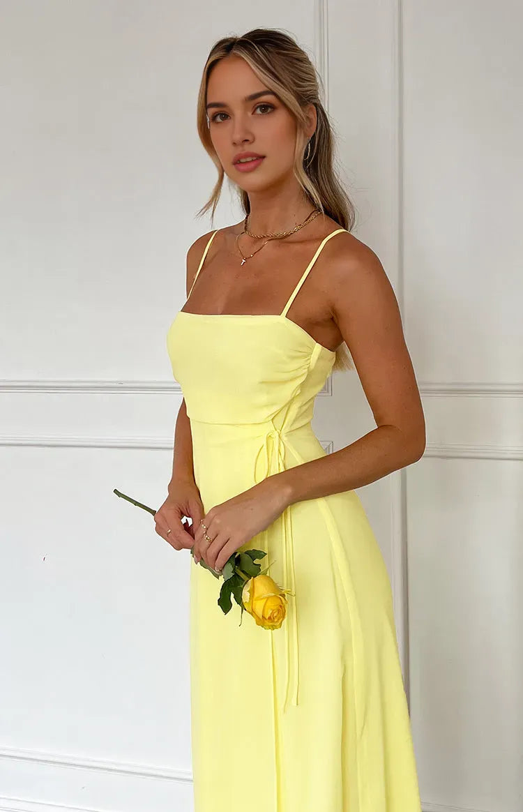 Elegant Lemon Yellow Prom Dress Spaghetti Straps Square Neckline Side Tie Detail for a Fresh Sophisticated Look