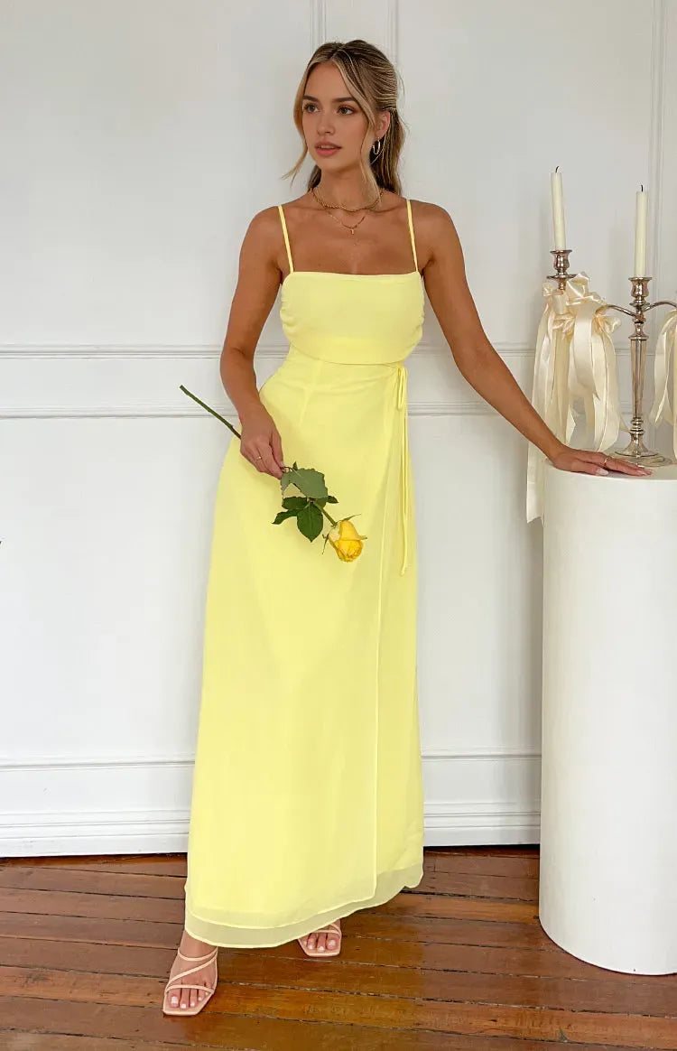 Elegant Lemon Yellow Prom Dress Spaghetti Straps Square Neckline Side Tie Detail for a Fresh Sophisticated Look