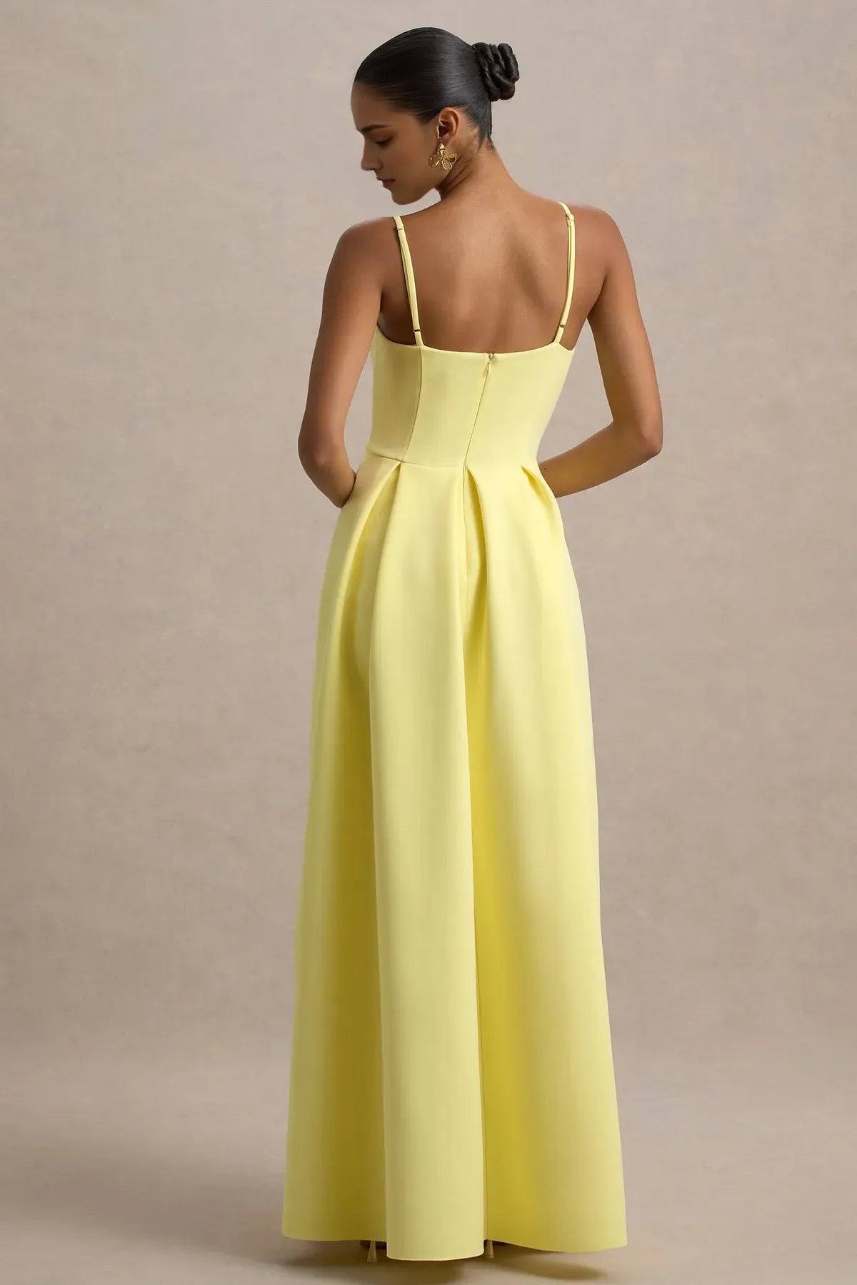 Elegant Lemon Yellow Square  Neck Prom Dresses with Pleated Skirt Floor  Length A - Line Silhouette – Ideal for Formal Proms Black - Tie Galas and Enchanting Evening Soirées ﻿