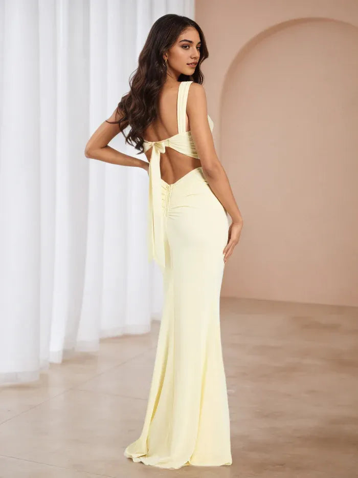 Elegant Lemon Yellow Square Neck Ruched Prom Dress with Side Slit - Formal Evening Gown for Dance Events