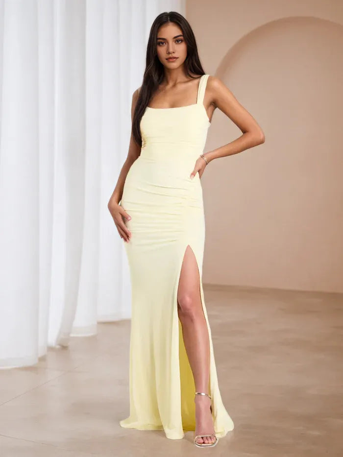 Elegant Lemon Yellow Square Neck Ruched Prom Dress with Side Slit - Formal Evening Gown for Dance Events