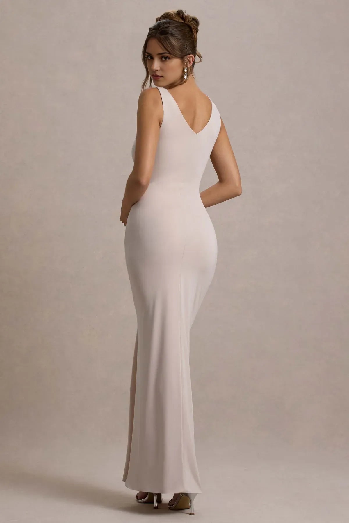 Elegant Light Beige Jersey Prom Dresses with Asymmetric Neckline and High Slit  A Timeless Choice for Sophisticated Balls