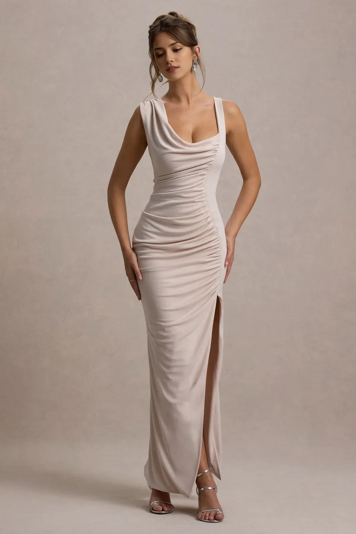 Elegant Light Beige Jersey Prom Dresses with Asymmetric Neckline and High Slit  A Timeless Choice for Sophisticated Balls