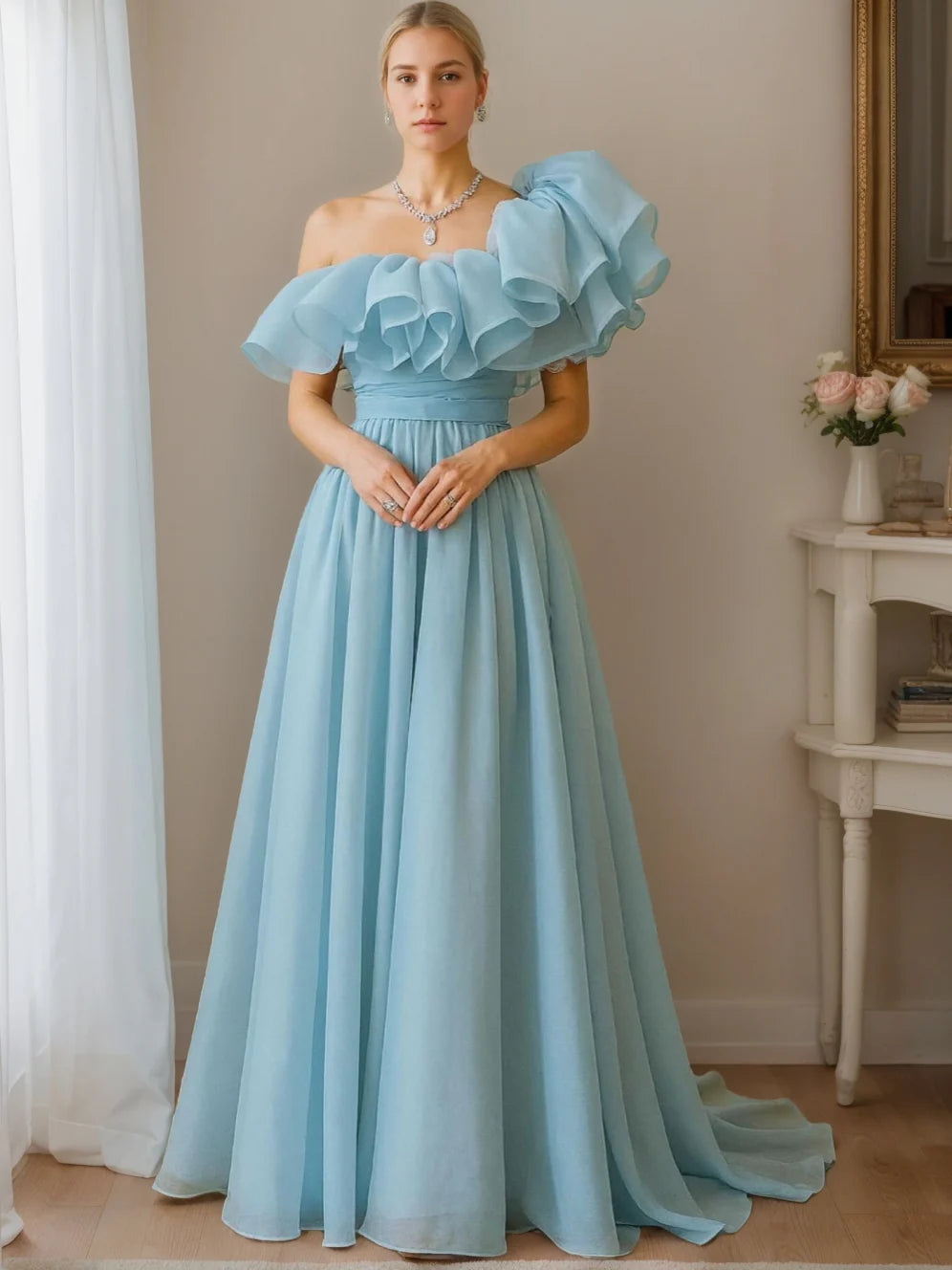 Elegant Light Blue Chiffon A-Line One Shoulder Short Sleeves Ruffle Lace Up Floor -Length Prom Dresses