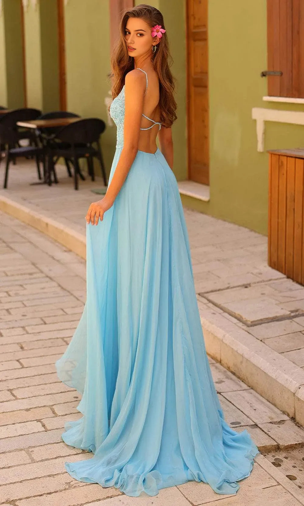 Elegant Light Blue Chiffon Evening Dress with Double - Strap Design, Embroidered Bodice and Flowy Maxi Skirt
