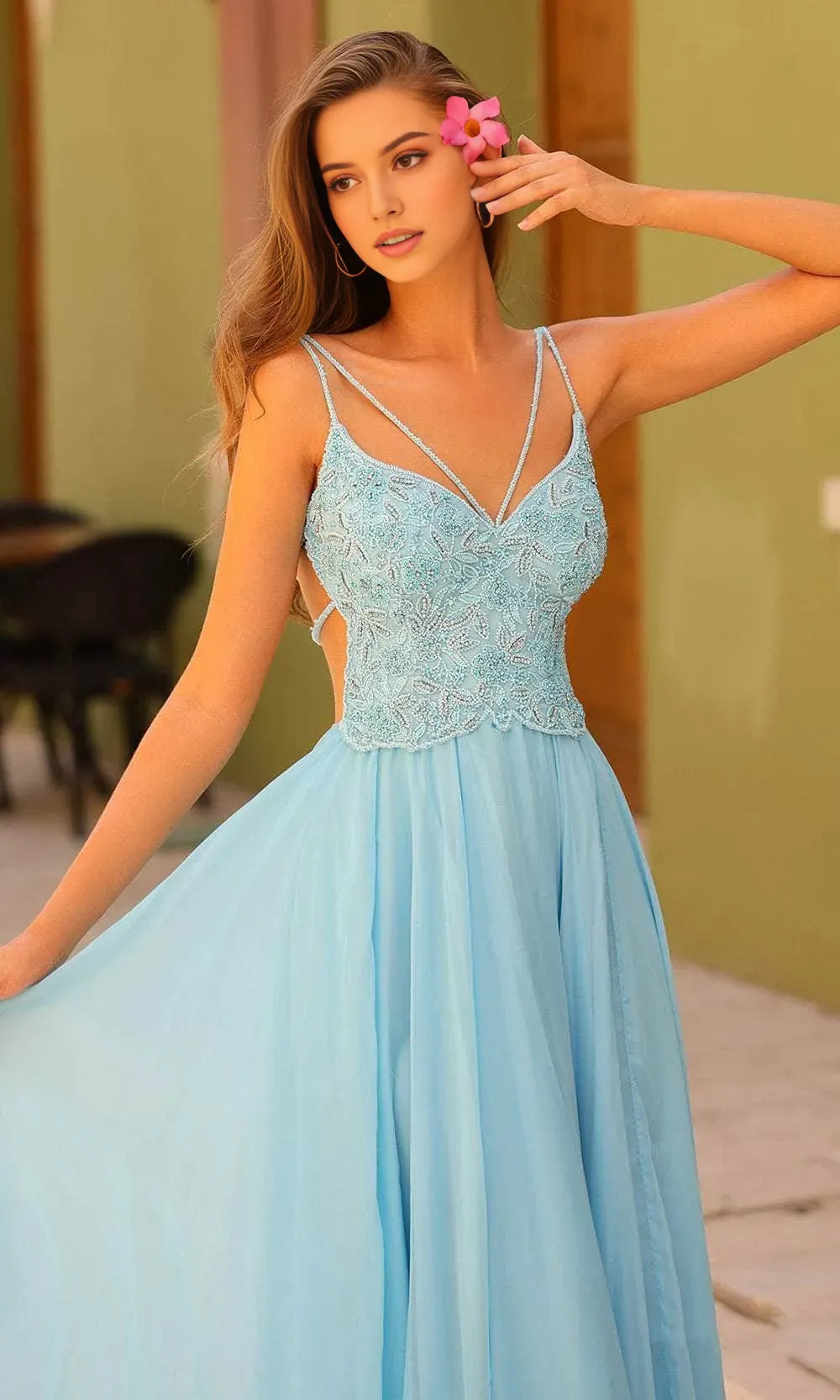 Elegant Light Blue Chiffon Evening Dress with Double - Strap Design, Embroidered Bodice and Flowy Maxi Skirt