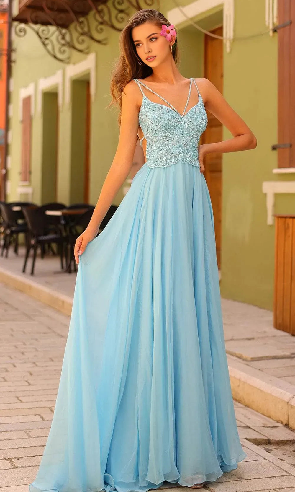 Elegant Light Blue Chiffon Evening Dress with Double - Strap Design, Embroidered Bodice and Flowy Maxi Skirt