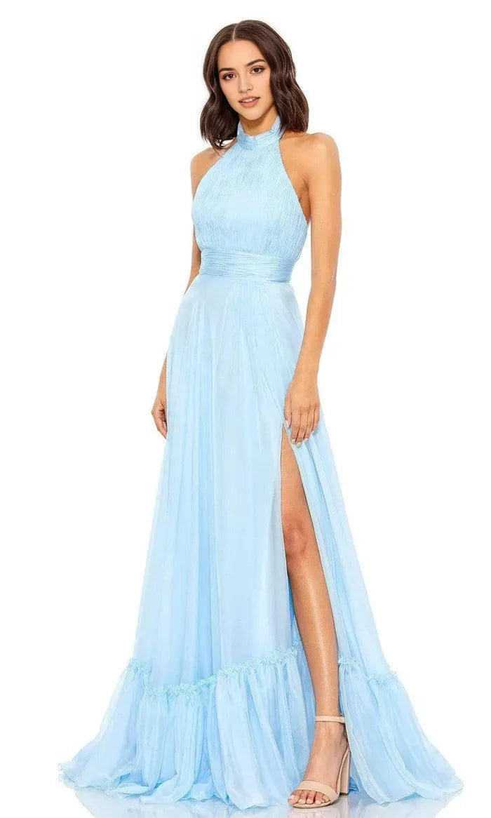 Elegant Light Blue Chiffon Halter - Neck Prom Dress with High Side Slit and Ruffled Hem