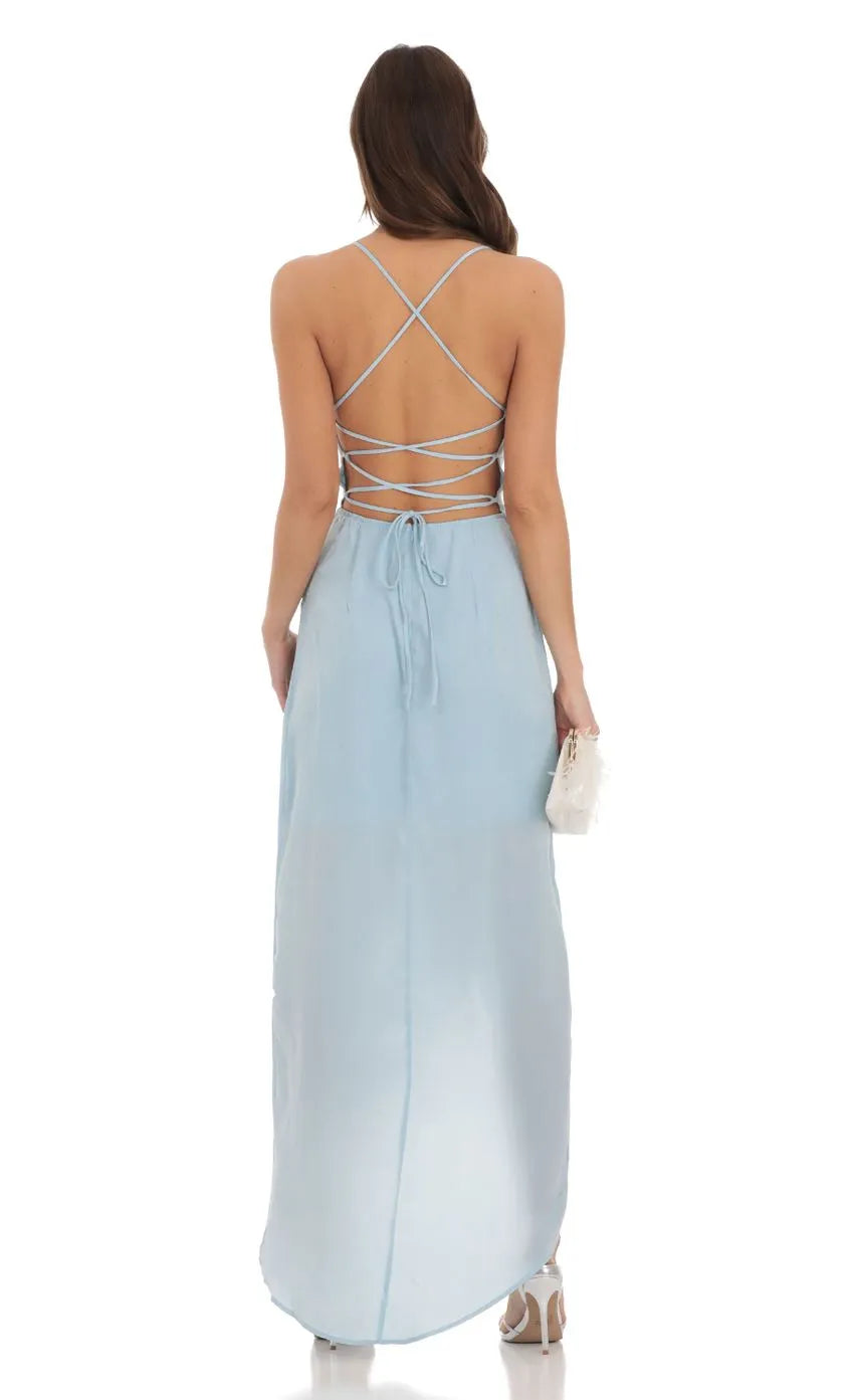 Elegant Light Blue Chiffon Prom Dress with Spaghetti Straps Asymmetric Slit Perfect for Romantic Galas