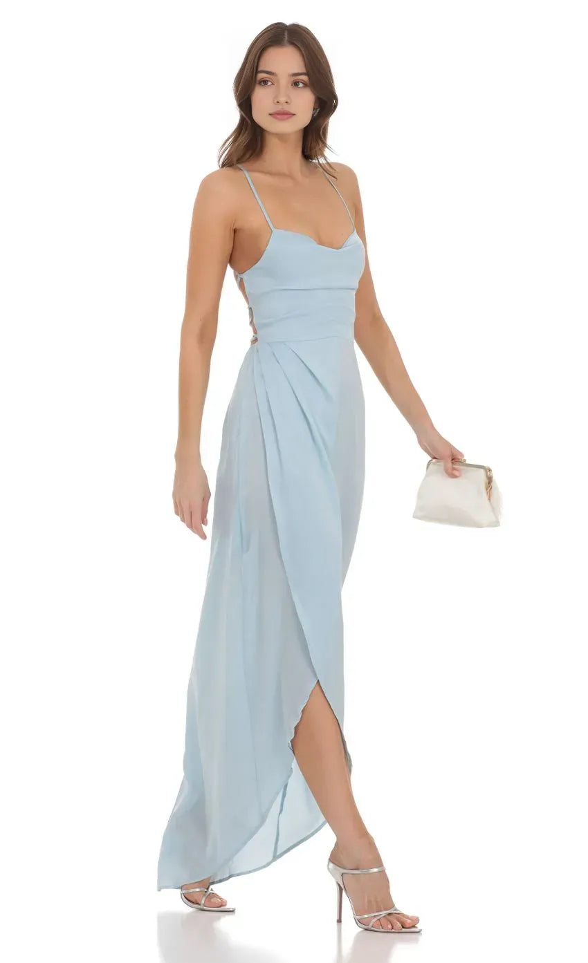 Elegant Light Blue Chiffon Prom Dress with Spaghetti Straps Asymmetric Slit Perfect for Romantic Galas
