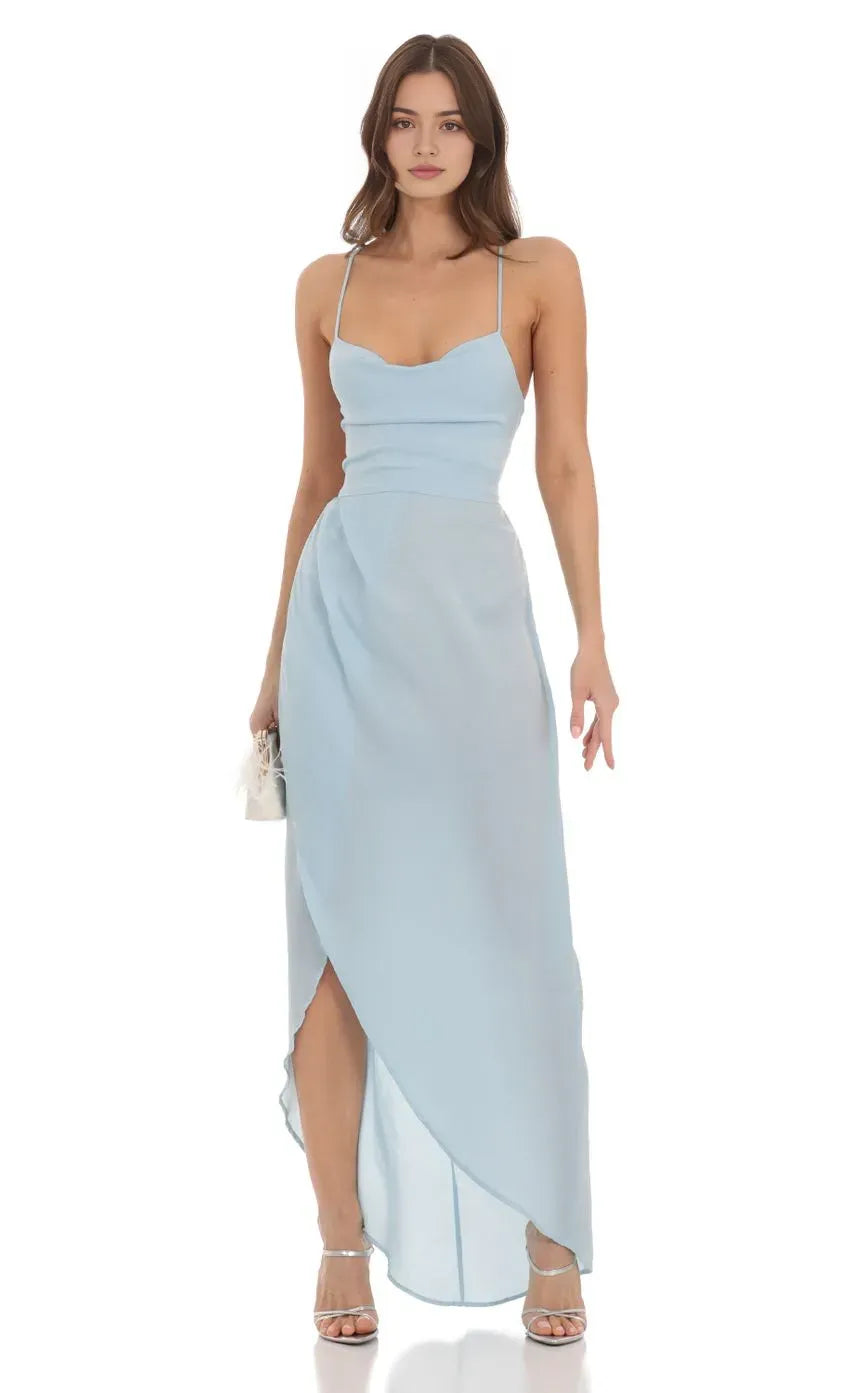 Elegant Light Blue Chiffon Prom Dress with Spaghetti Straps Asymmetric Slit Perfect for Romantic Galas