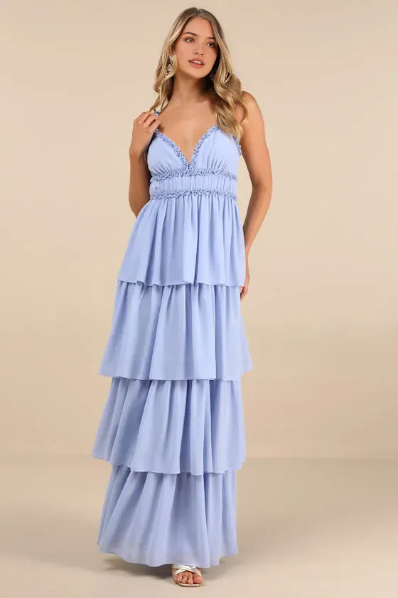 Elegant Light Blue Chiffon Prom Dress with Spaghetti Straps Ruffled V Neckline Smocked Waistband and Tiered Ruffle Skirt for Formal Occasions