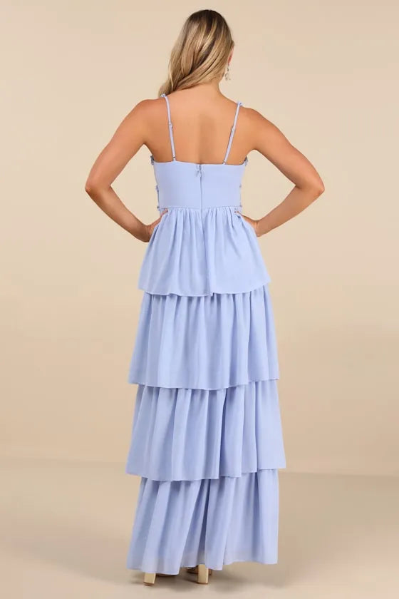 Elegant Light Blue Chiffon Prom Dress with Spaghetti Straps Ruffled V Neckline Smocked Waistband and Tiered Ruffle Skirt for Formal Occasions