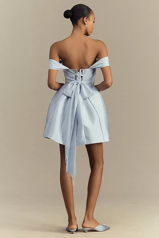 Elegant Light Blue Off -Homecoming Dresses with Bow Detailed Neckline and Flared Skirt Perfect for Stylish Back  to School Dances and Events