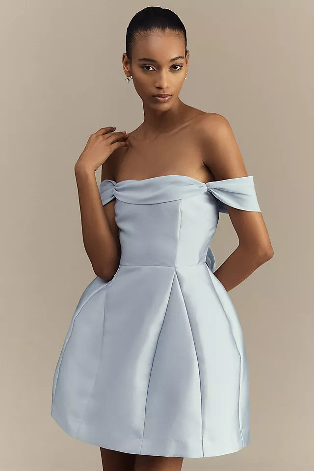 Elegant Light Blue Off -Homecoming Dresses with Bow Detailed Neckline and Flared Skirt Perfect for Stylish Back  to School Dances and Events