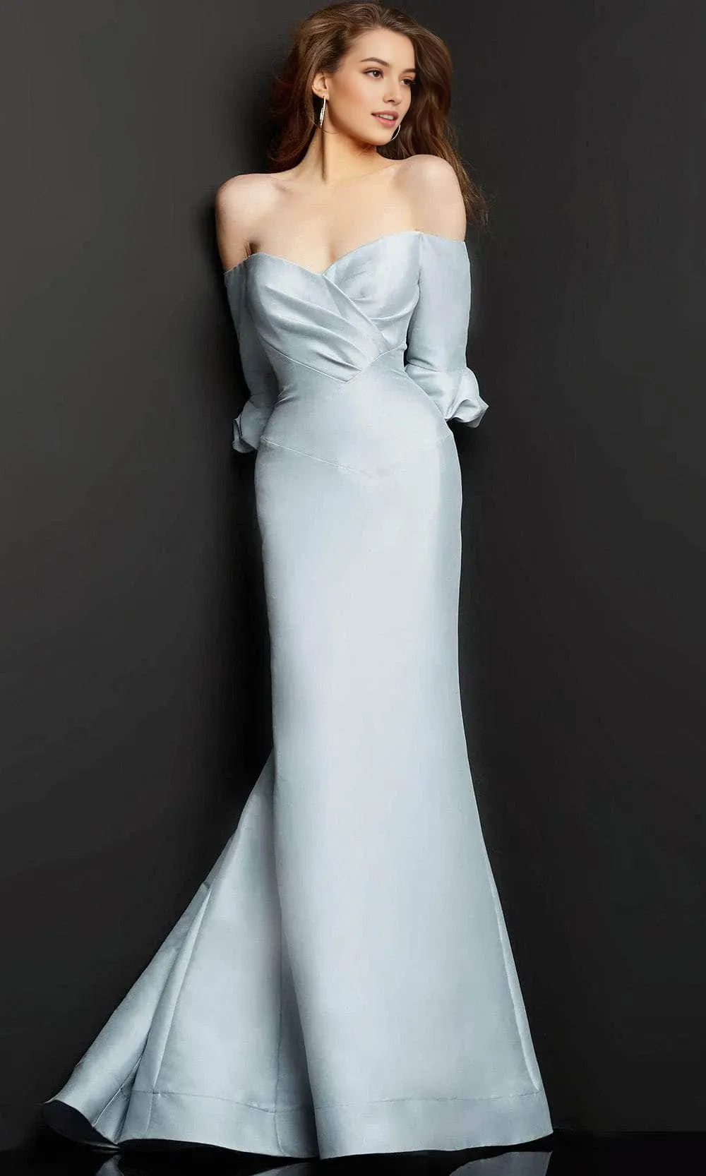 Elegant Light Blue Off - Shoulder Mermaid Evening Dress with Ruched Bodice and Puff Sleeves