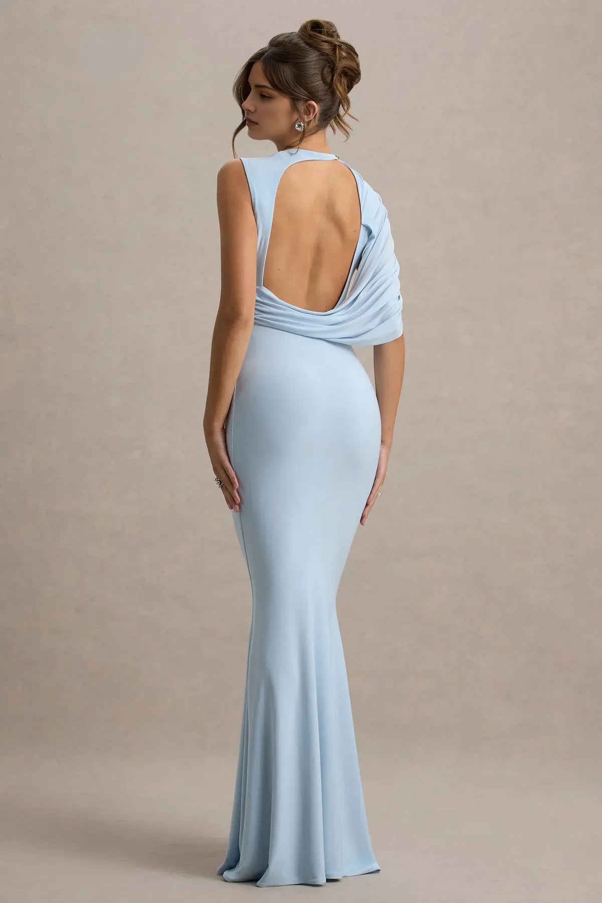 Elegant Light Blue One - Shoulder Draped Mermaid Gown Sleeveless Formal Prom Dresses with Asymmetric Ruched Top Floor - Length Bodycon Prom Dress for Gala Ball Special Occasions