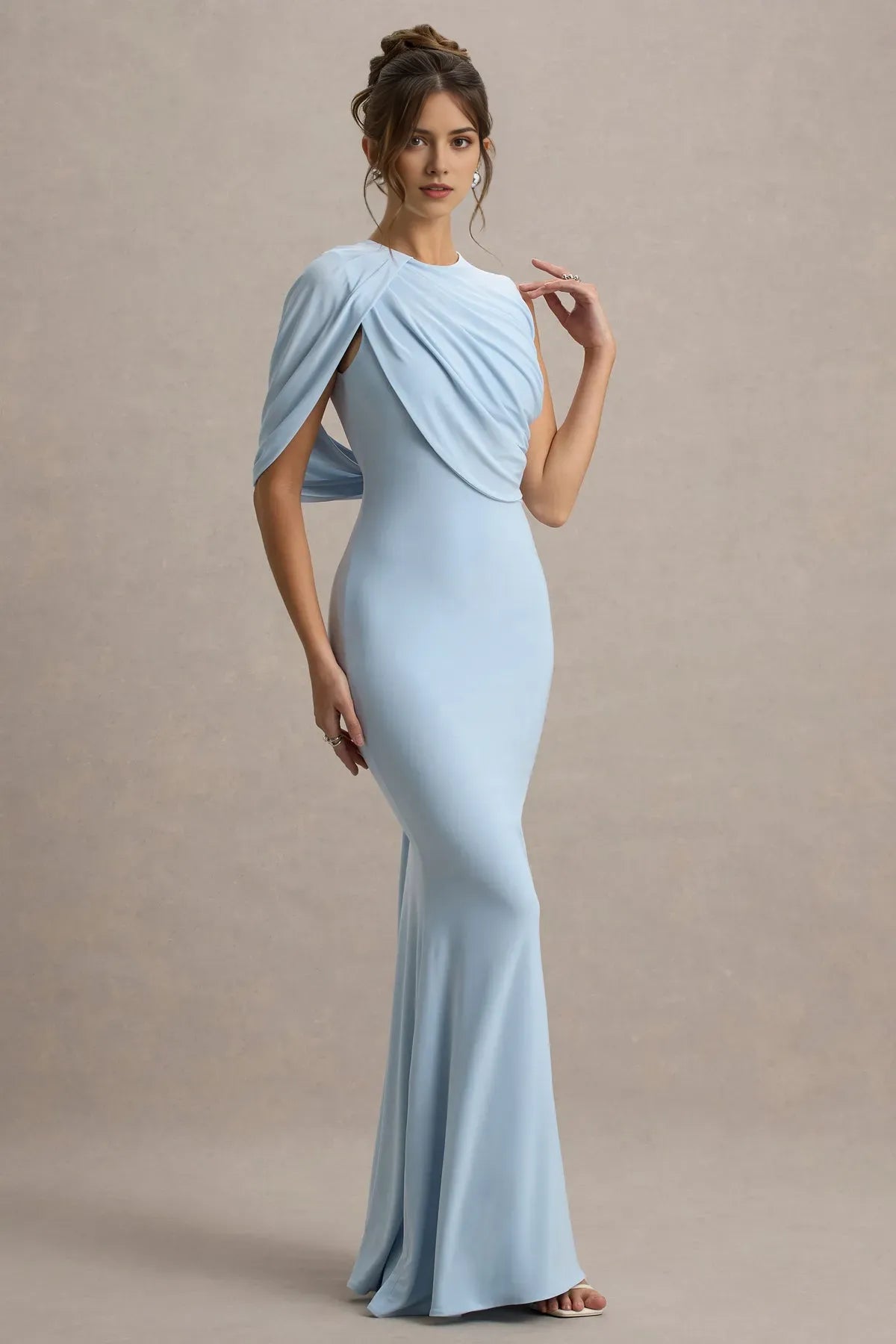 Elegant Light Blue One - Shoulder Draped Mermaid Gown Sleeveless Formal Prom Dresses with Asymmetric Ruched Top Floor - Length Bodycon Prom Dress for Gala Ball Special Occasions