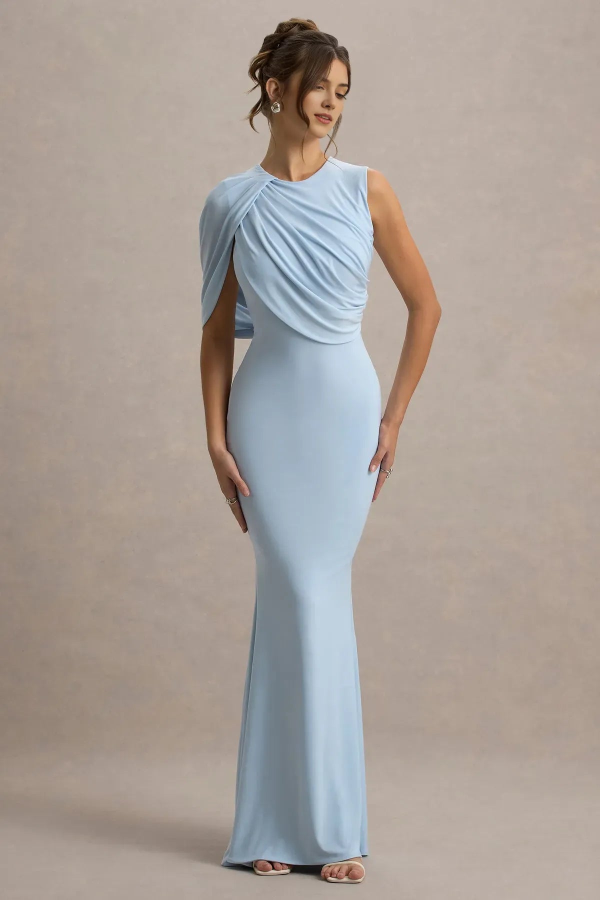 Elegant Light Blue One - Shoulder Draped Mermaid Gown Sleeveless Formal Prom Dresses with Asymmetric Ruched Top Floor - Length Bodycon Prom Dress for Gala Ball Special Occasions