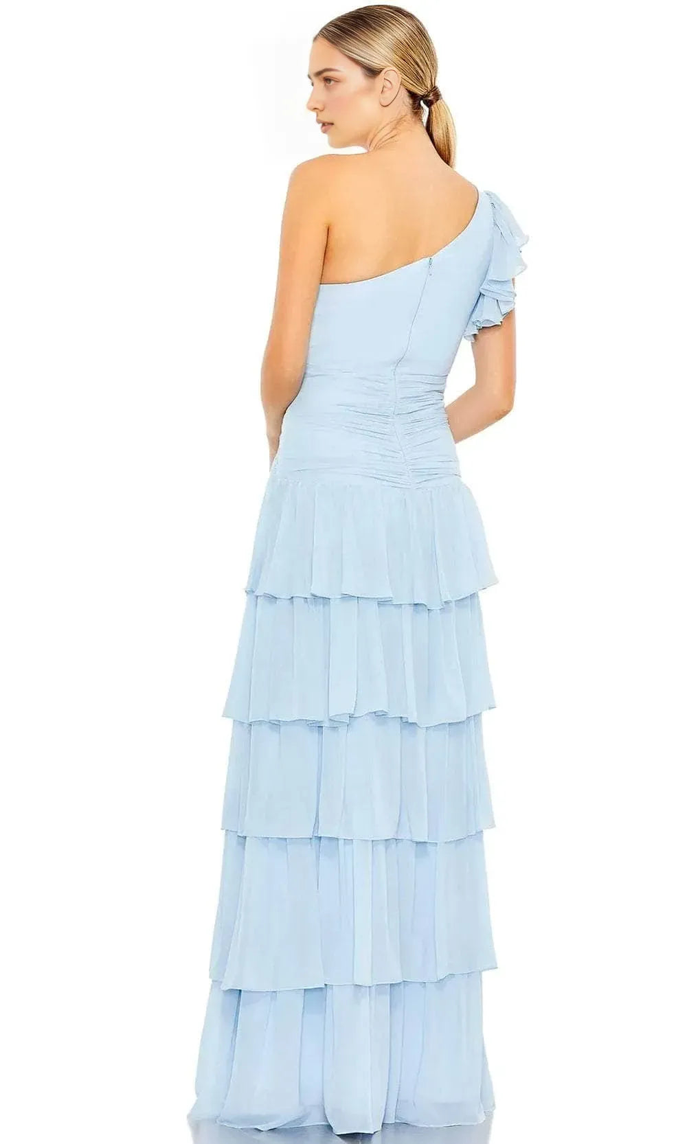 Elegant Light Blue One - Shoulder Evening Gown featuring Ruffled Sleeve Tiered Design and Side Slit to Elevate