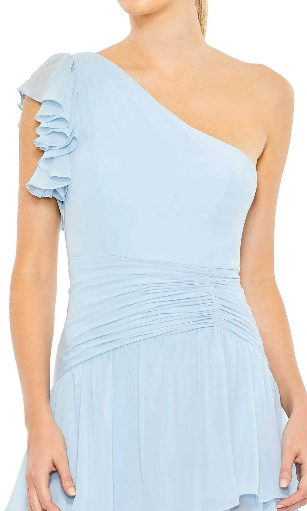 Elegant Light Blue One - Shoulder Evening Gown featuring Ruffled Sleeve Tiered Design and Side Slit to Elevate
