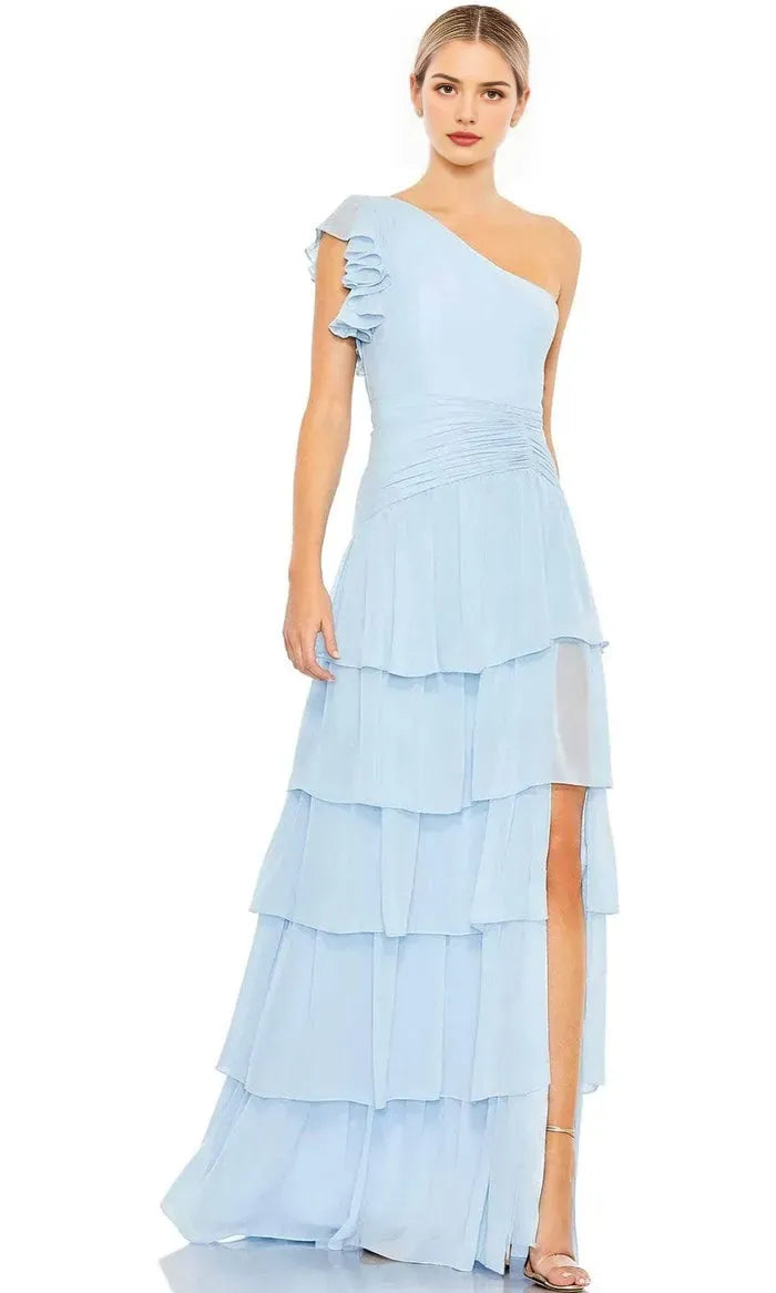 Elegant Light Blue One - Shoulder Evening Gown featuring Ruffled Sleeve Tiered Design and Side Slit to Elevate