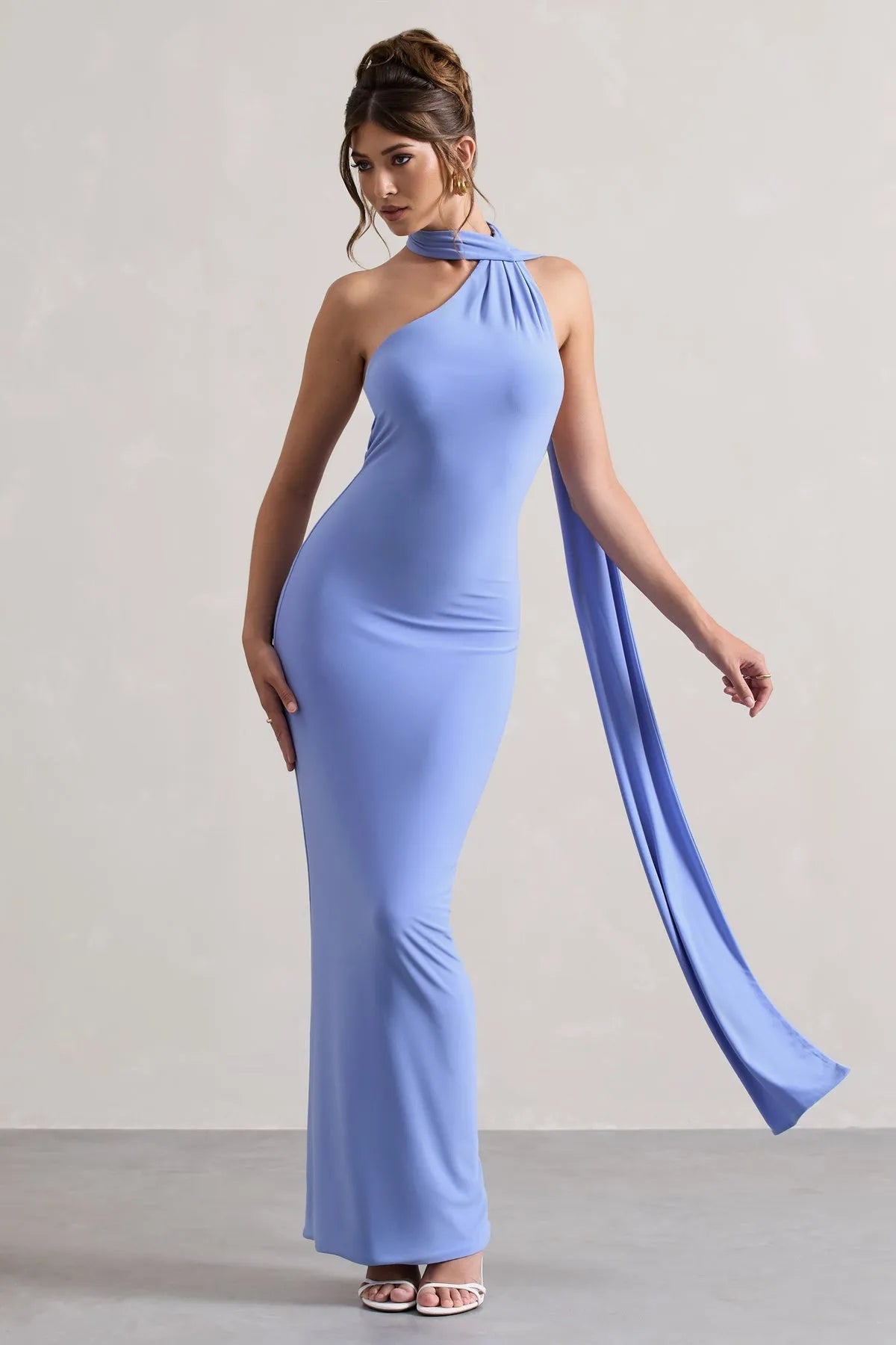Elegant Light Blue One - Shoulder Prom Dresses Draped Neckline Flowing Sash Body Con Fit  A Fusion of Grace and Drama for Formal Galas