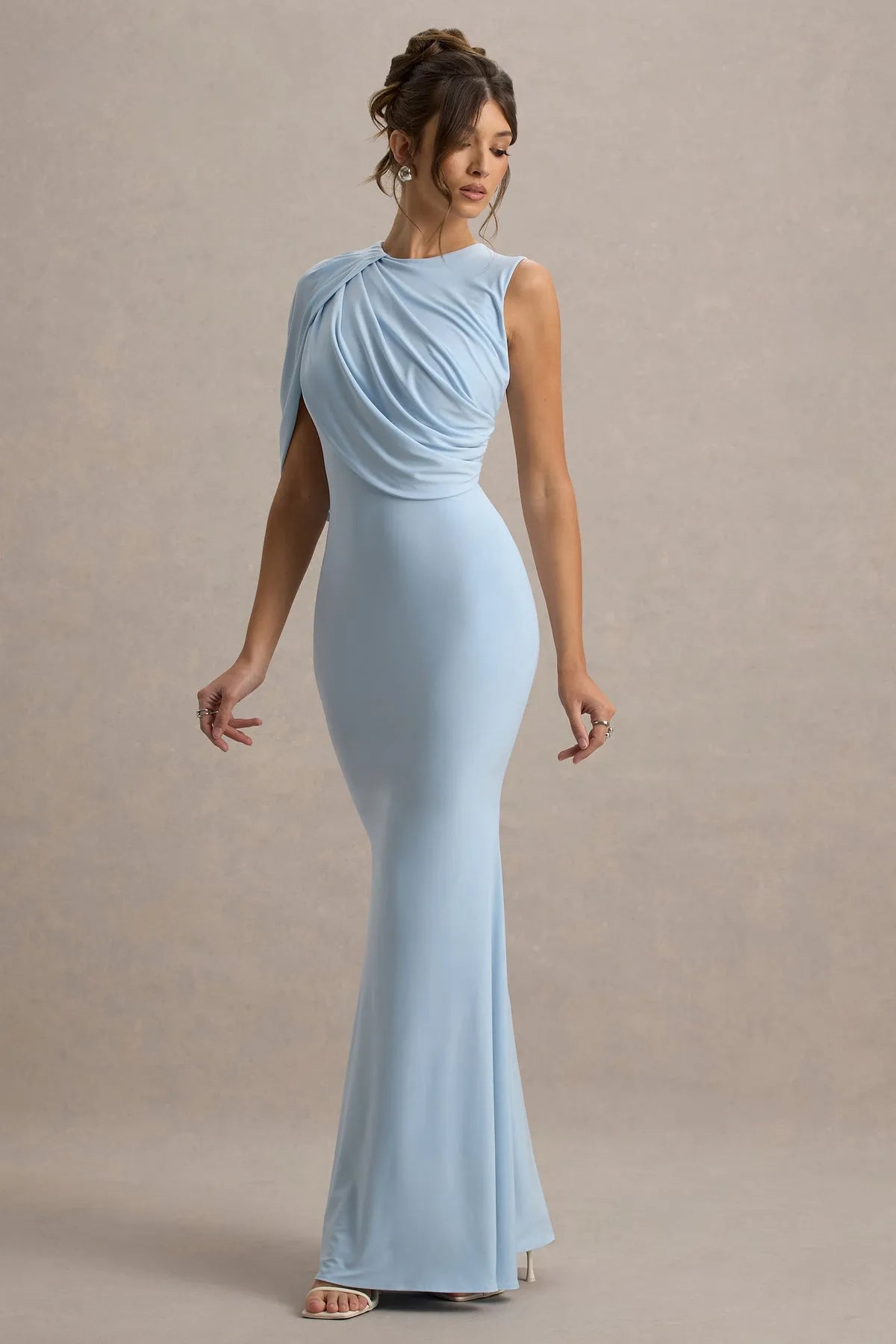 Elegant Light Blue Prom Dress with Asymmetric Draped Shoulder and Mermaid Silhouette