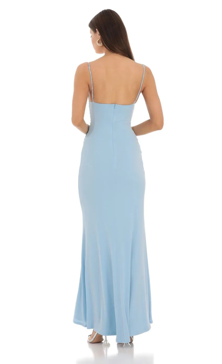 Elegant Light Blue Prom Dress with Spaghetti Straps Cowl Neckline and Lace Trim  Perfect for Romantic Prom Nights