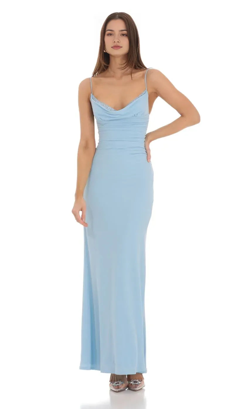 Elegant Light Blue Prom Dress with Spaghetti Straps Cowl Neckline and Lace Trim  Perfect for Romantic Prom Nights