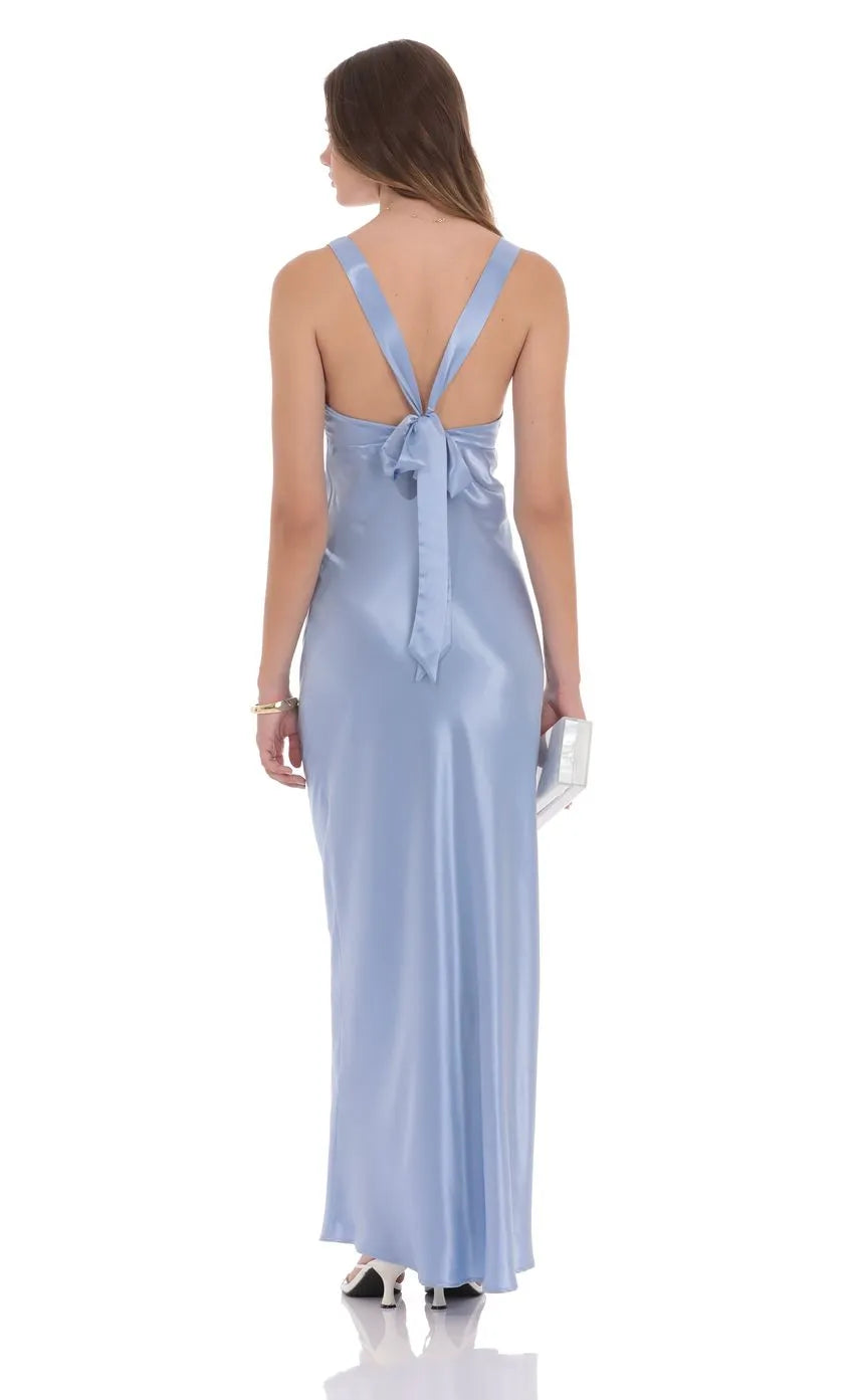 Elegant Light Blue Satin Prom Dress Plunging V - Neck Bodycon Fit Floor  Length Silhouette  Shine at Prom Night