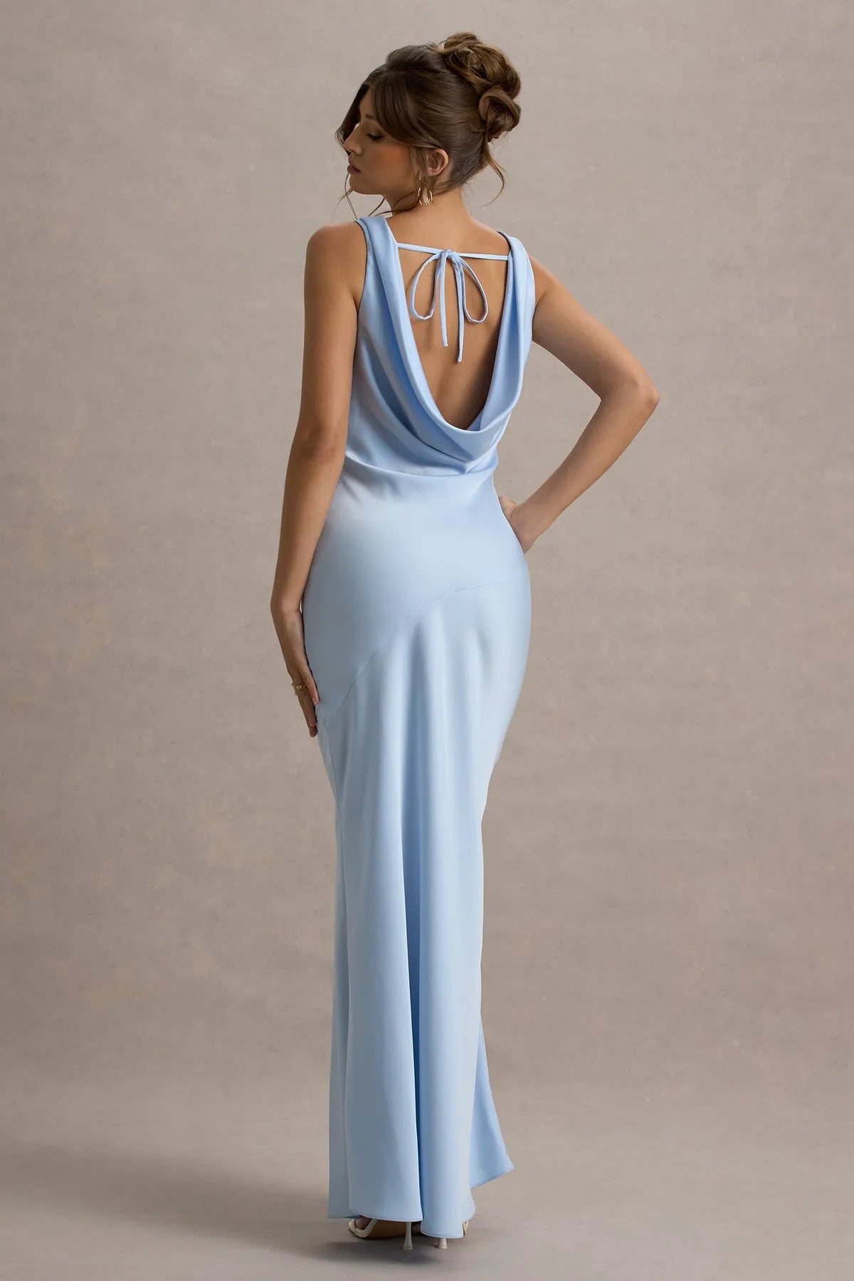 Elegant Light Blue Satin Prom Dress with Cowl Neckline Sleeveless Design Asymmetric Seam Detail  Floor  Length Bodycon Gown for Formal Galas Evening Balls  Sophisticated Soirées