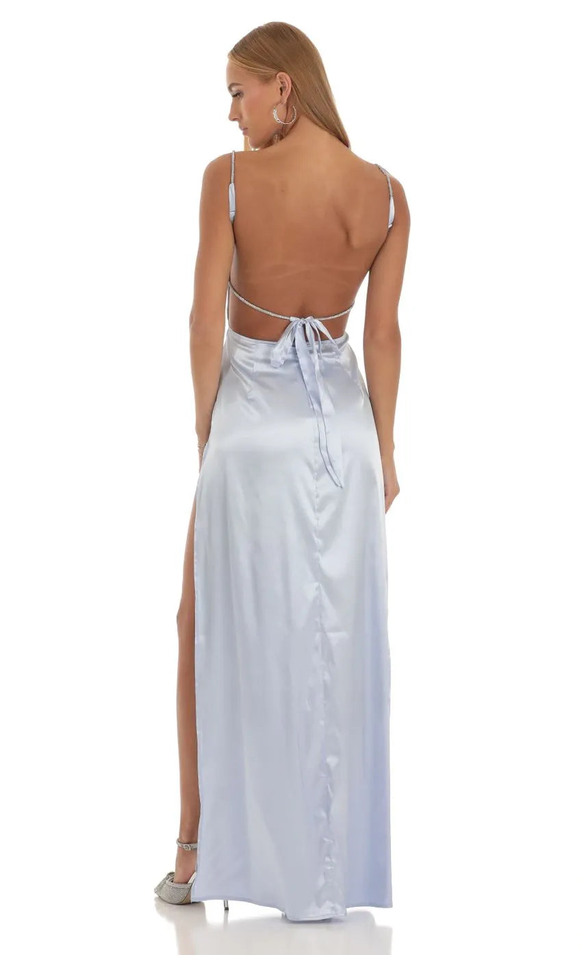 Elegant Light Blue Satin Prom Dress with Rhinestone-Embellished Spaghetti Straps Square Neckline, Side Slit and Figure