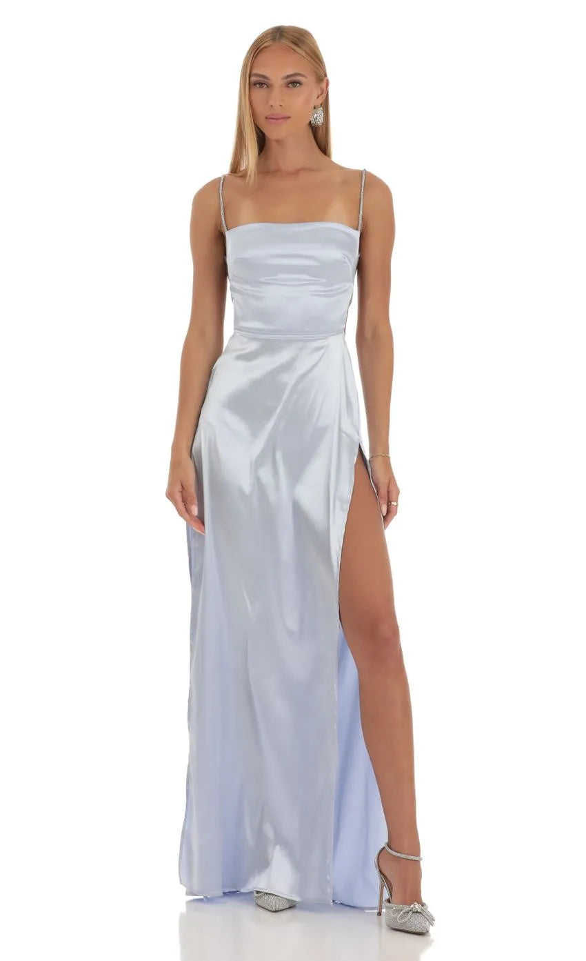 Elegant Light Blue Satin Prom Dress with Rhinestone-Embellished Spaghetti Straps Square Neckline, Side Slit and Figure