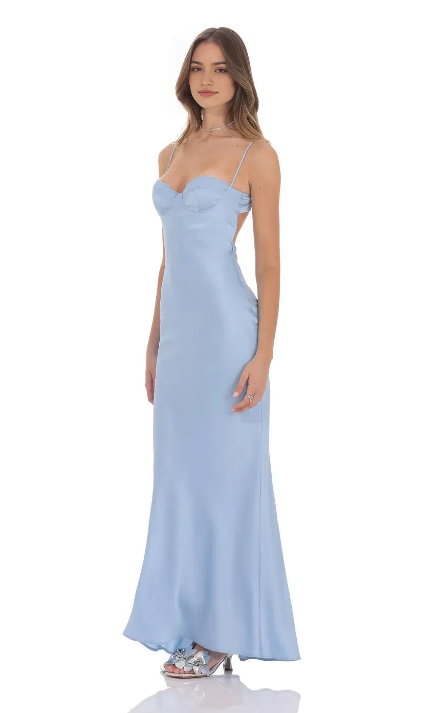 Elegant Light Blue Satin Prom Dress with Spaghetti Straps Bustier Detail Timeless Grace for Formal Galas