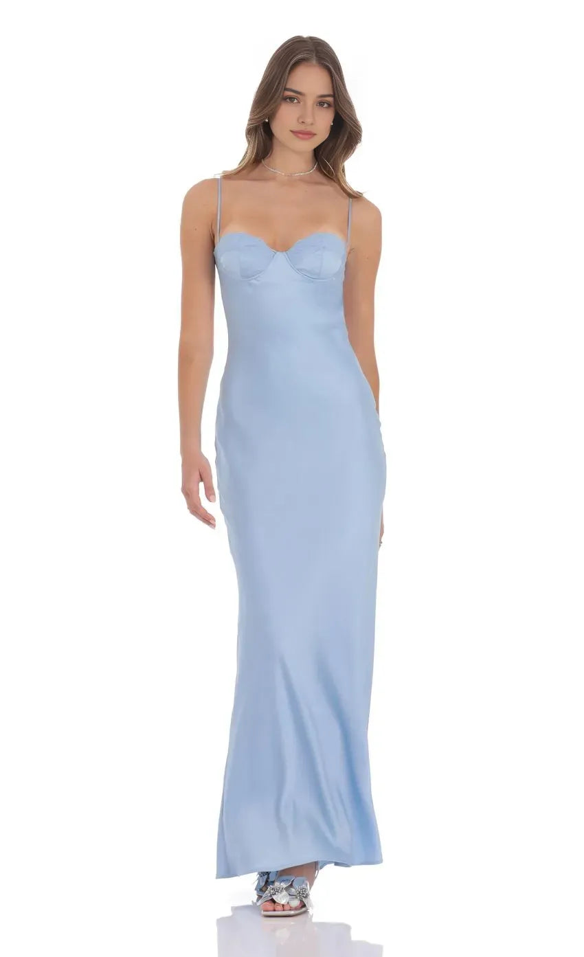 Elegant Light Blue Satin Prom Dress with Spaghetti Straps Bustier Detail Timeless Grace for Formal Galas