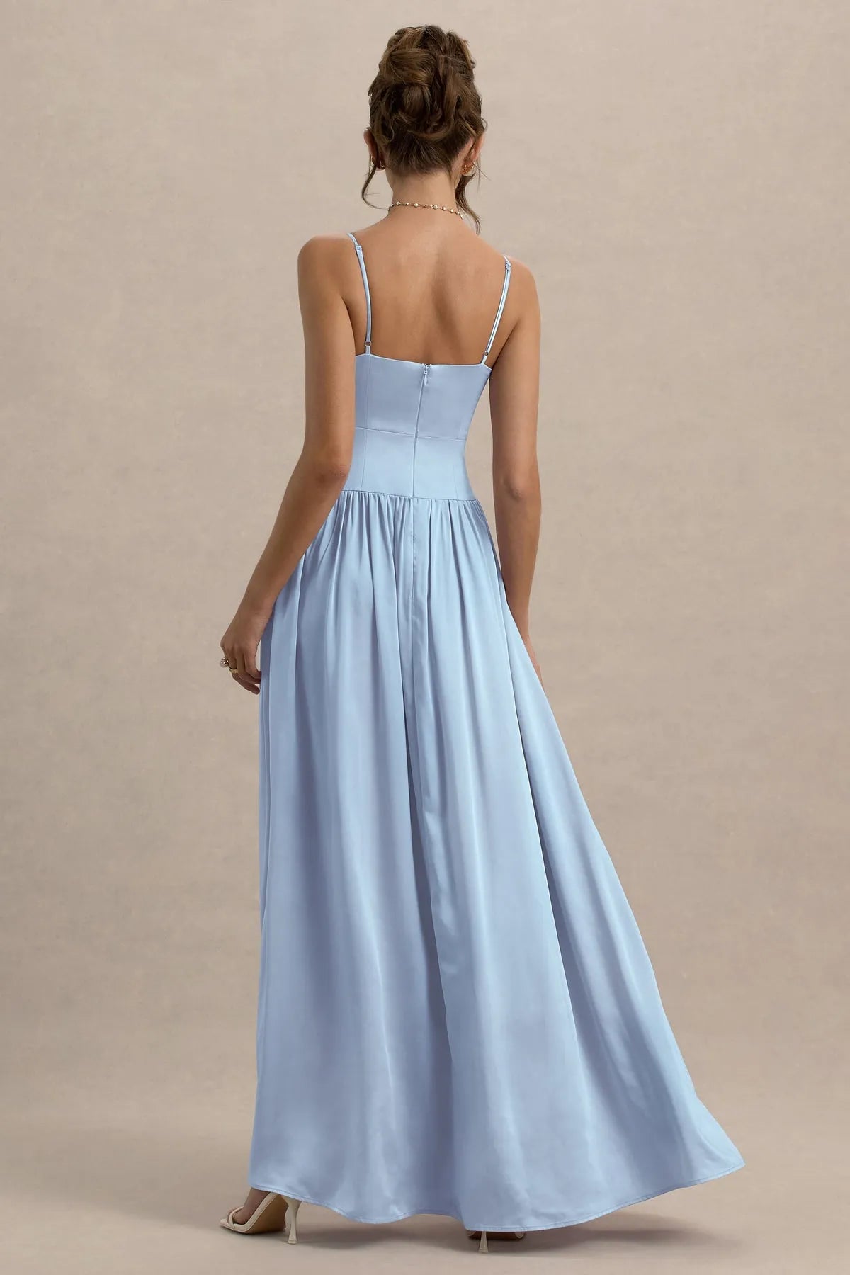 Elegant Light Blue Satin Prom Dress with Spaghetti Straps Deep V - Neckline Side Slit and Pleated Detailing for Formal Occasions