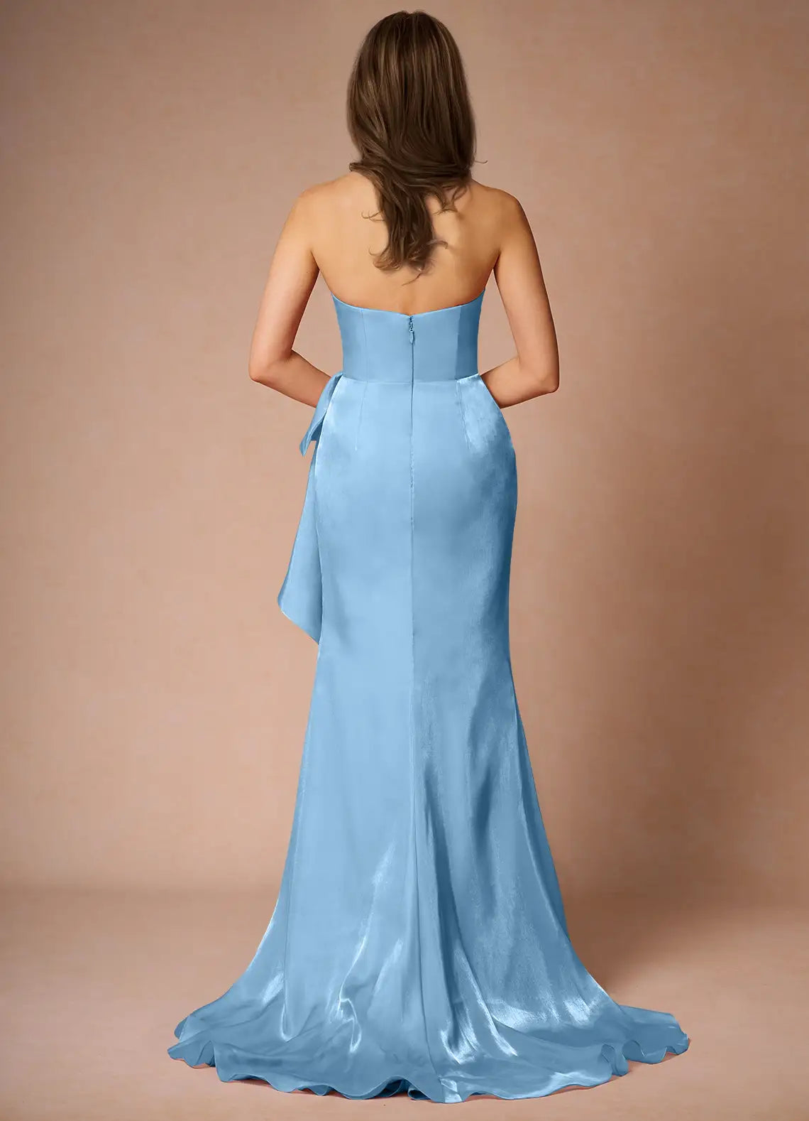 Elegant Light Blue Satin Prom Dress with Spaghetti Straps Ruched Bodice Asymmetric Ruffle Detail and Train for Formal Galas