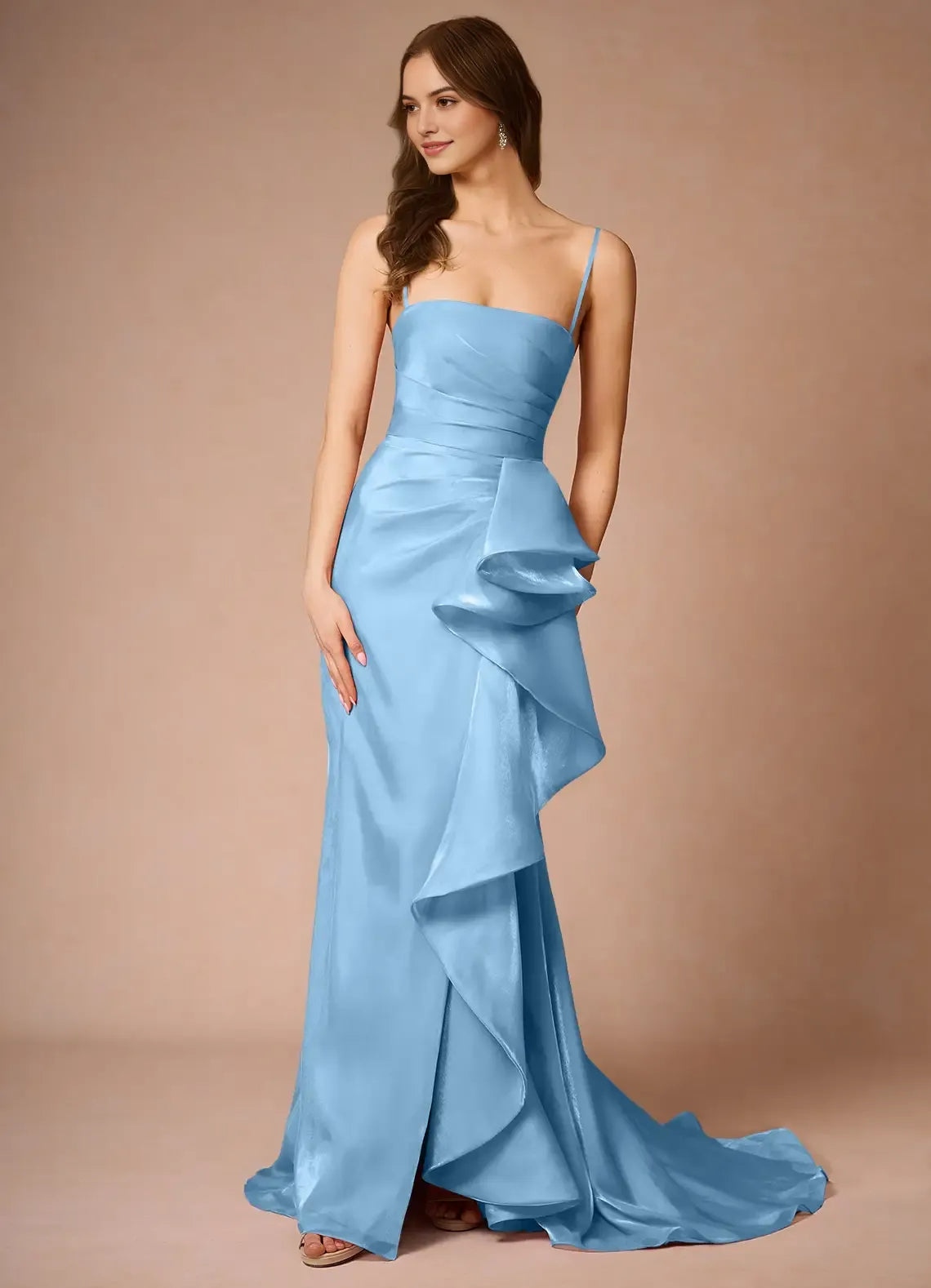 Elegant Light Blue Satin Prom Dress with Spaghetti Straps Ruched Bodice Asymmetric Ruffle Detail and Train for Formal Galas