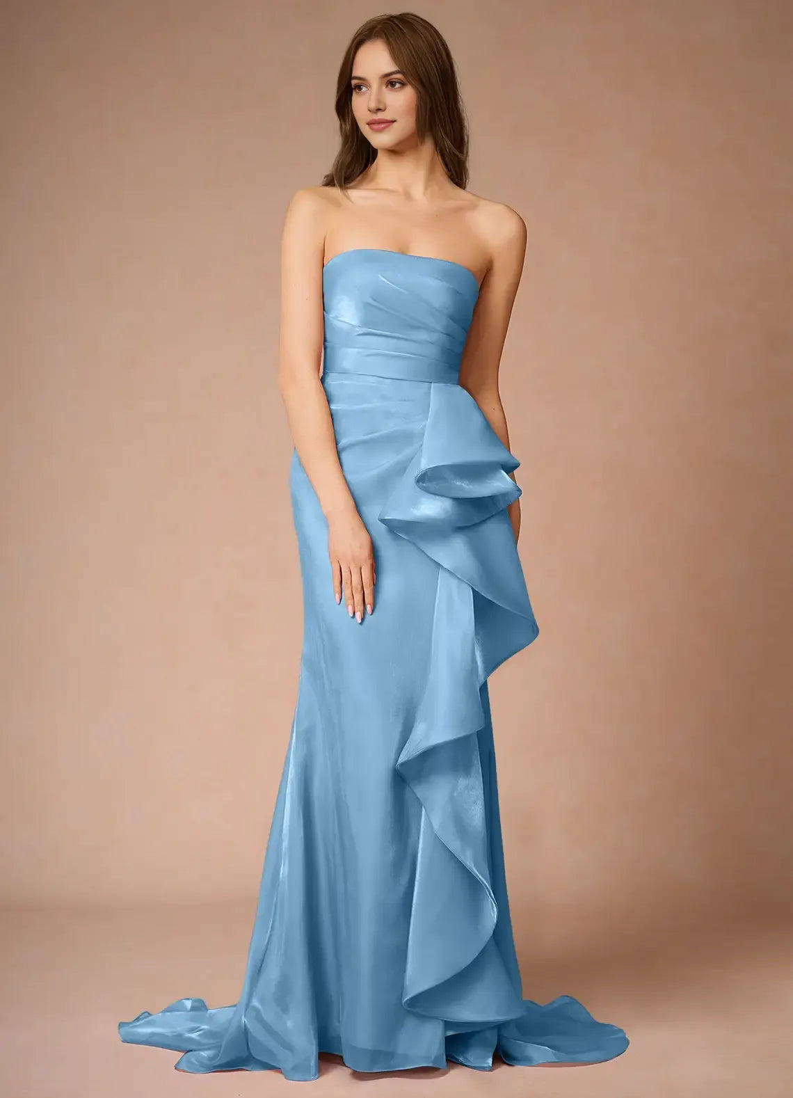 Elegant Light Blue Satin Prom Dress with Spaghetti Straps Ruched Bodice Asymmetric Ruffle Detail and Train for Formal Galas