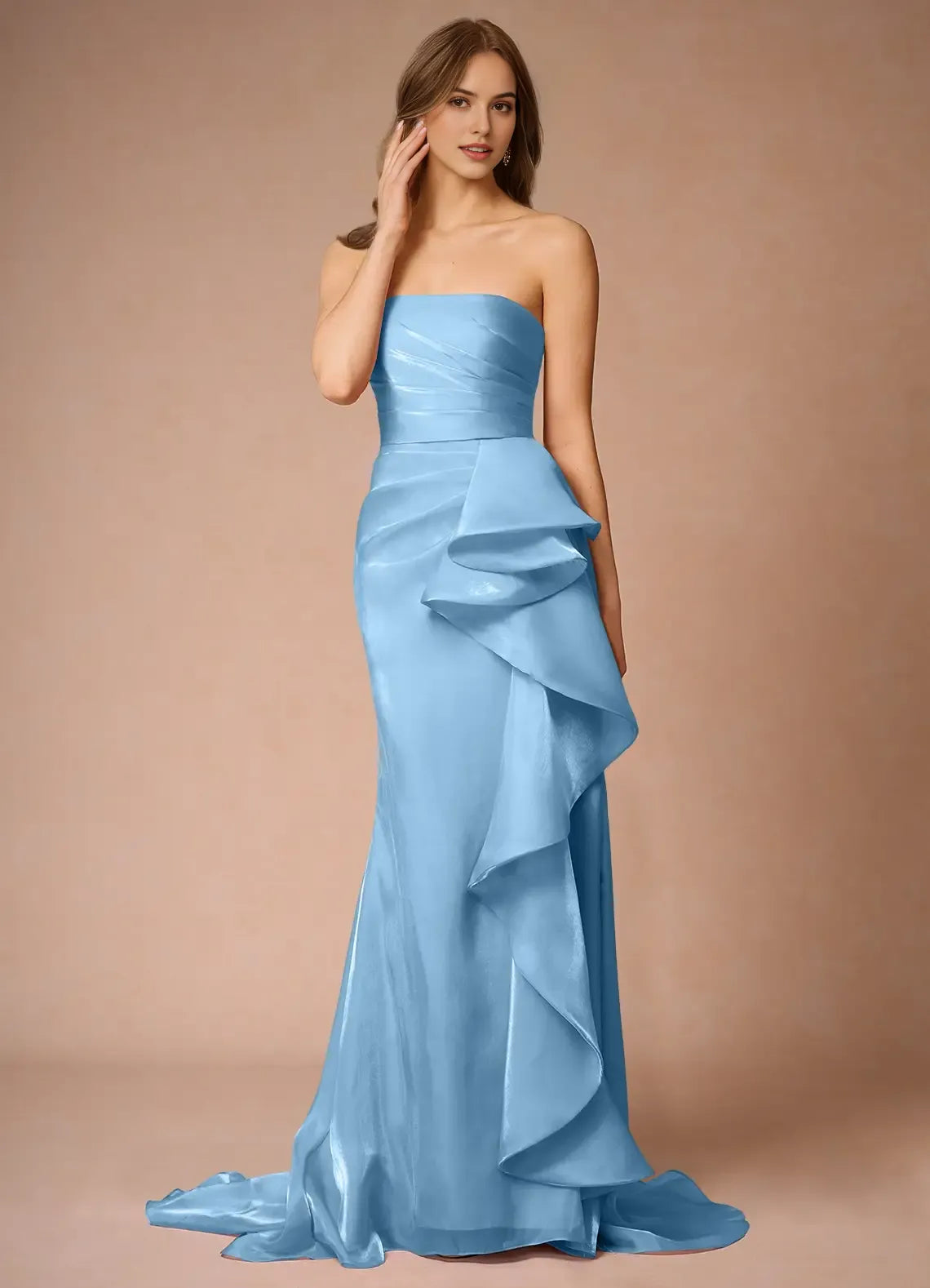 Elegant Light Blue Satin Prom Dress with Spaghetti Straps Ruched Bodice Asymmetric Ruffle Detail and Train for Formal Galas