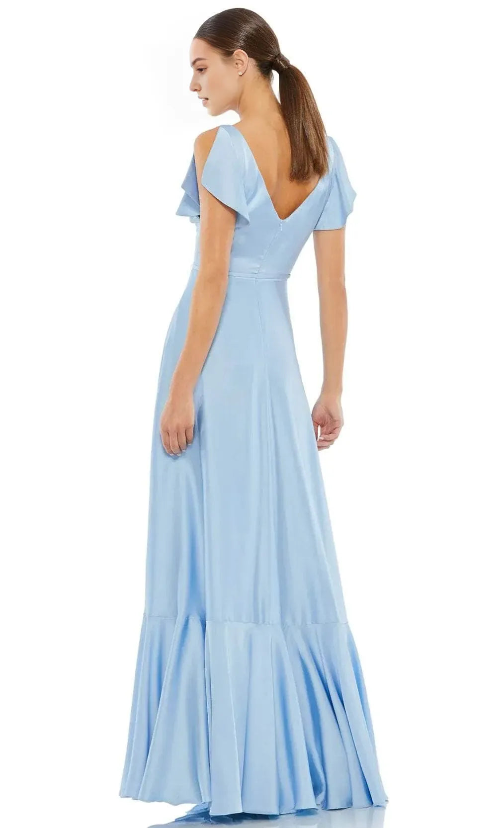 Elegant Light Blue Satin Prom Gown with Asymmetric Flutter Sleeve V - Neckline and Tiered Ruffle Hem Perfect for Formal Balls Evening Galas and Sophisticated